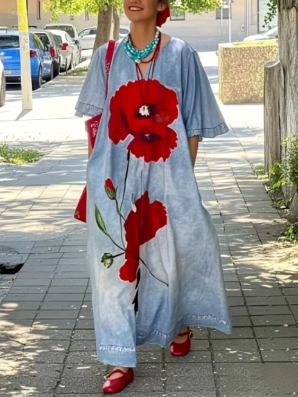 LEMONGOR Loose Long Dresses For Woman Not Denim Flower