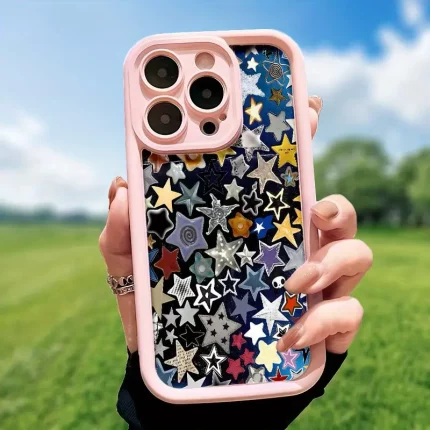 Star pattern mobile phone case, featuring colorful and metallic star designs, suitable for iPhone 16, 15, 14, 13, 12, 11 Pro models