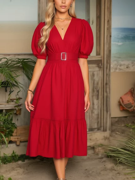 Elegant Red V-Neck Dress with Puff Sleeves & Ruffle Hem - High-Waisted