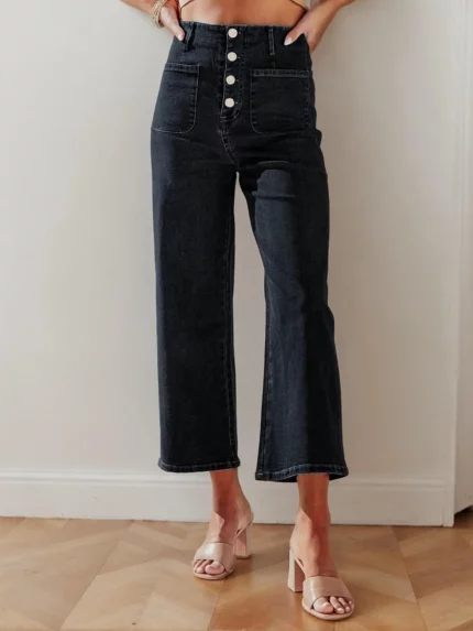 High Waist Ninth Jeans Pants with Pockets, Elastic Solid Color Slim Straight Pants