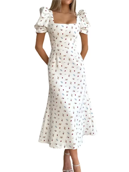 Women's Floral print A-Line dress - Flared skirt, Pink & green Floral pattern