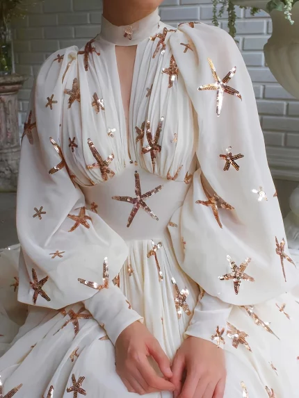 Elegant Small Stand Collar Sequined Slit Lantern Sleeves