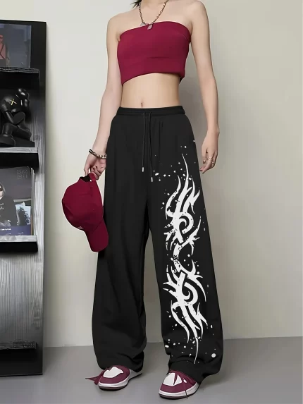 Women's Casual Straight-Leg Pants with Symmetrical Graphic Print, Polyester, Elastic