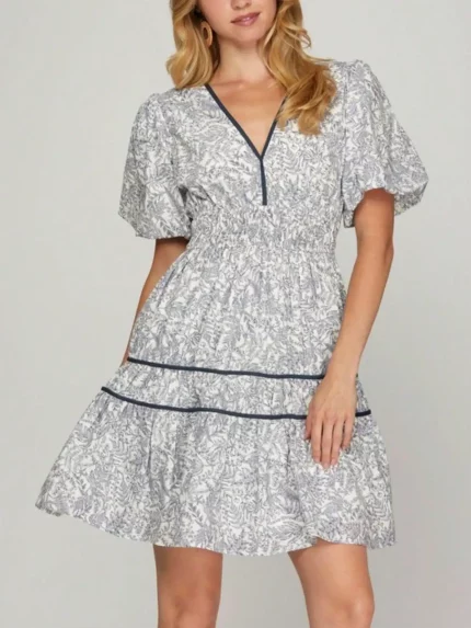 Womens Casual Plus Size Chic Floral Print Contrast Piping Tiered Midi