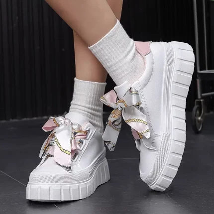 Women's Solid Color Casual Sneaker, Ribbon Lace Up