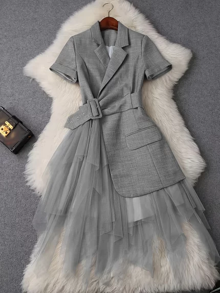 Stylish and Elegant Mid-Length Dress with Turtleneck Mesh Splicing
