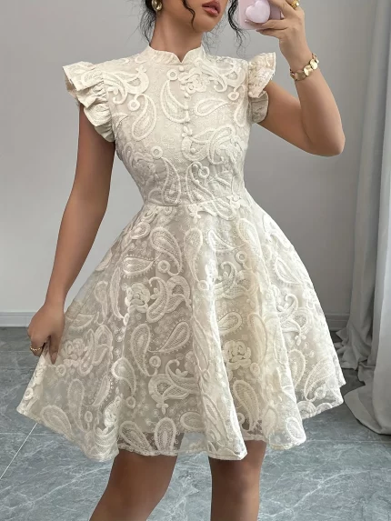 Elegant Women'S Lace Mini Dress with Stand Collar & Puff Sleeves - Floral Pattern