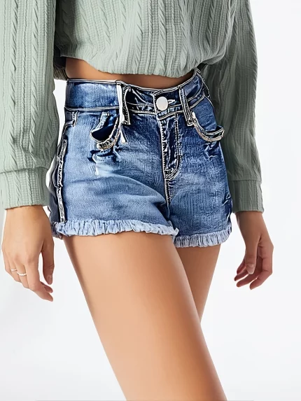 Women's Embroidered Denim Shorts - Ultra-Short Above Knees with Frayed Hem