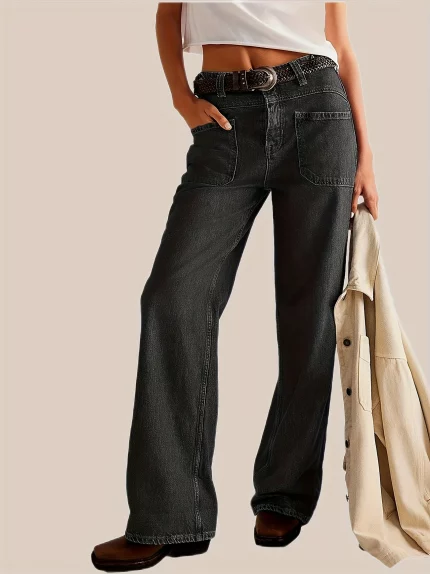 Women's Mid Waist Flared Straight-Leg Boyfriend Jeans - Casual Loose Fit