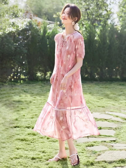 MOHO&MO Women's Lightweight Floral Tie-Dye Dress - Spring Summer Midi-Length Short Sleeve