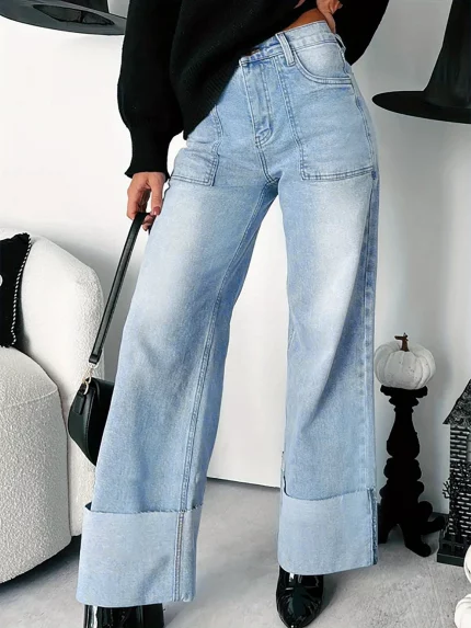 Women'S High-Waist Stretch Denim Jeans with Frayed Hem & Side