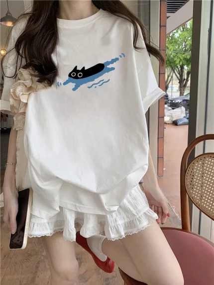 Men's & Women's Swimming Black Cat Graphic Tee - Cute Swimming Cat Shirt in Classic