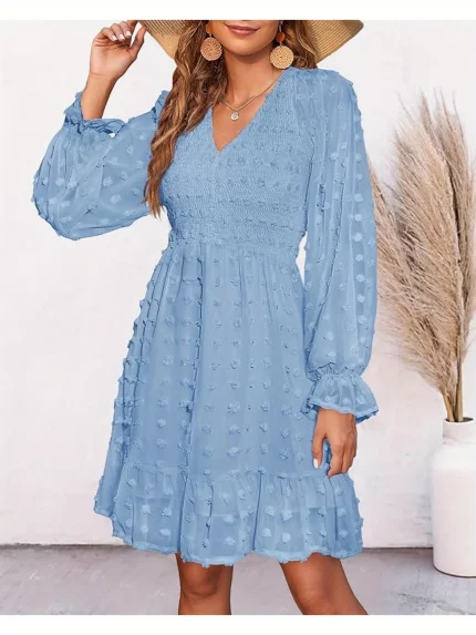 Women'S Casual V-Neck Long Sleeve Chiffon Mini Dress with Ruffle
