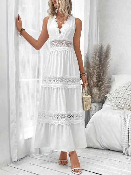 Holidaya Women'S Sleeveless V-Neck Ruffle Trim Dress - Deep V-Neck Summer Dress with Lace Detailing
