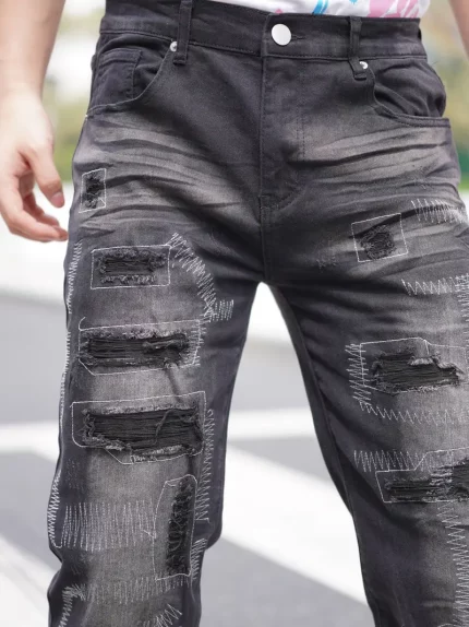 American stretch denim pants, street fashion style, fashion hole personality