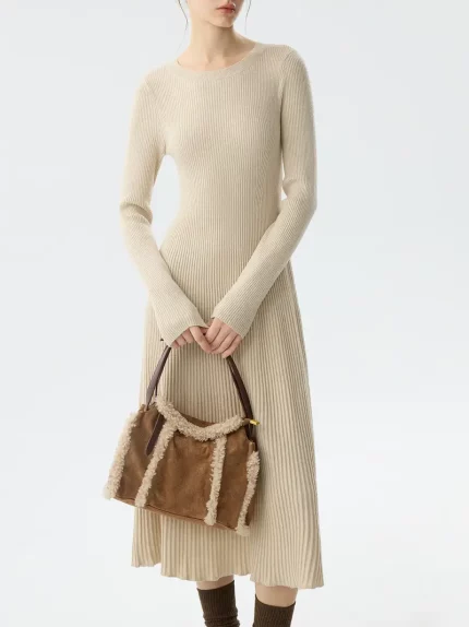 Fansi Lainen Long Knee-Length Slim-Fit Knitted Dress for Women, Winter