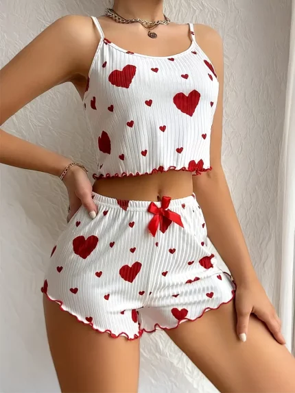 Women'S Fashion Heart Print Ribbed Spaghetti Strap Sleepwear Set
