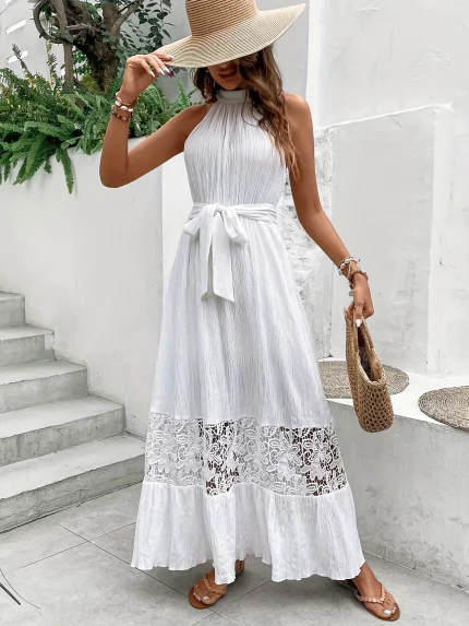 Women'S Casual Halter Neck Maxi Dress with Adjustable Waist Tie - Solid Color White