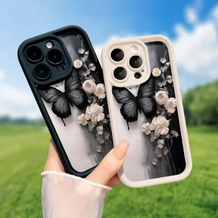 Butterfly pattern mobile phone case decorated with floral design and elegant black color suitable for iPhone 16 15 14 13 12 11 Pro