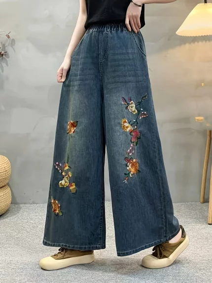 Lightweight Floral Embroidered Straight Jeans For Spring And Summer