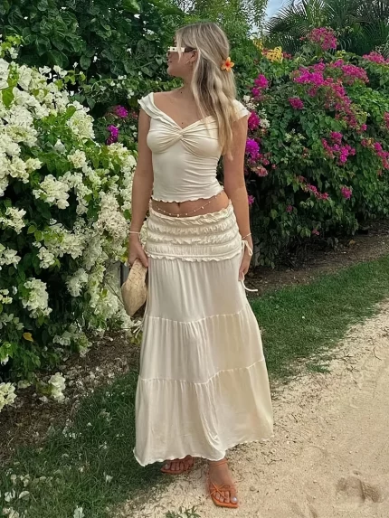 Women Fairy Lace Two Piece Skirt Set Long Sleeve V Neck Crop Top Bodycon Maxi