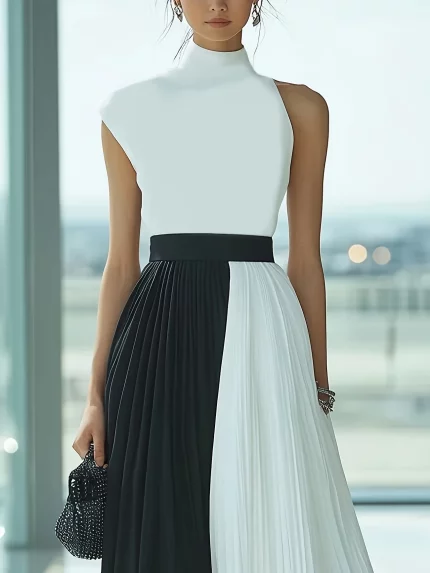 Women'S Black And White Color Blocked Semi High Neck Sleeveless Pleated