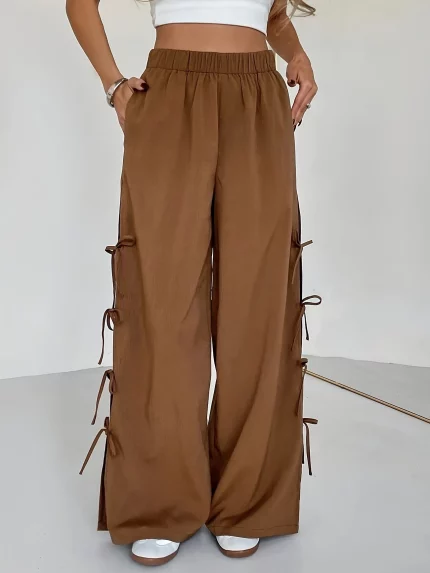 Women's Fashion Coffee-colored Wide Leg Pants, Sexy Side Slits Pull