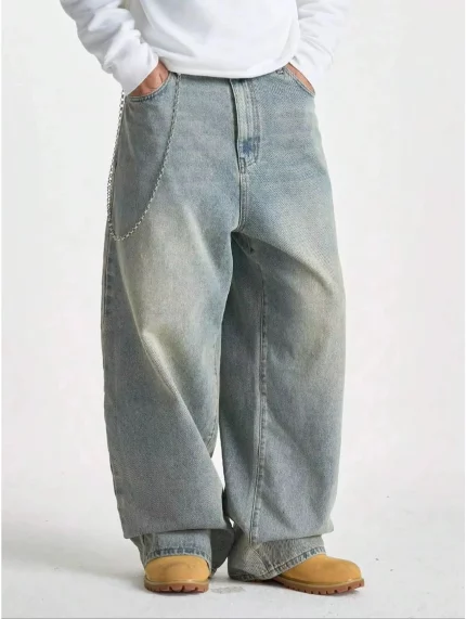 Men's Distressed Vintage Light Blue Wide Leg Loose Fit Casual