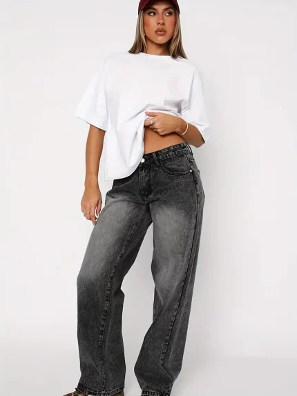 Women'S Elegant Low-Rise Washed Jeans - Wide Leg Loose Fit Denim Pants