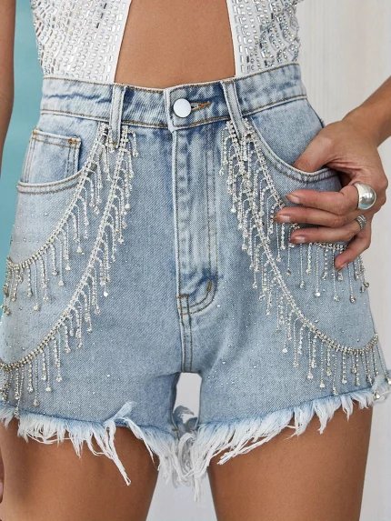 Women'S Summer Rhinestone Denim Shorts Wide Leg Streetwear Jeans