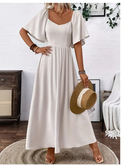 Women'S Square Neckline Puff Sleeve Backless Dress With Bow Knot Vacation Beach Outfit