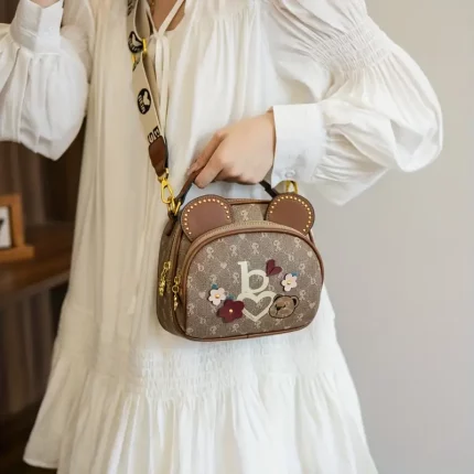 Chic Vintage-Inspired Bear Print Crossbody Bag with Adjustable